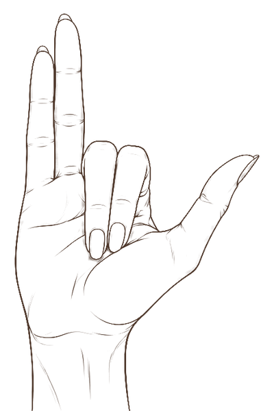 Vishnu mudra: right hand, index and middle fingers folded into the palm, thumb, ring and little fingers extended